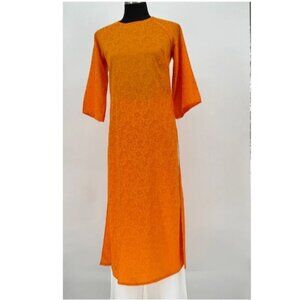 Vietnamese Áo Dài Orange Floral Patterned Tunic 3/4 Sleeves By Áo Dài Việt